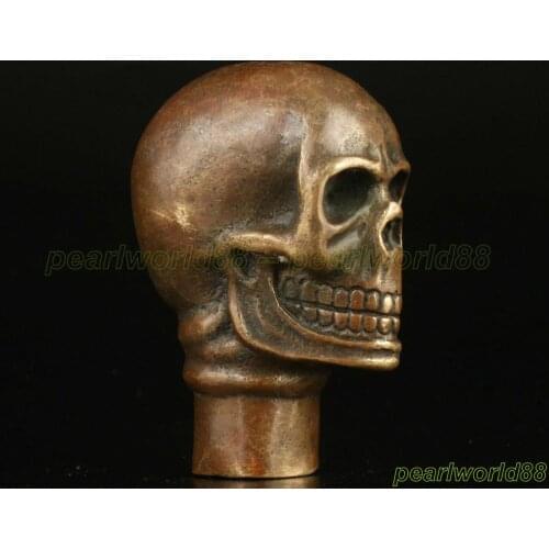 Asian Chinese Old Bronze Handmade Carved Skull Statue Walking Stick Head