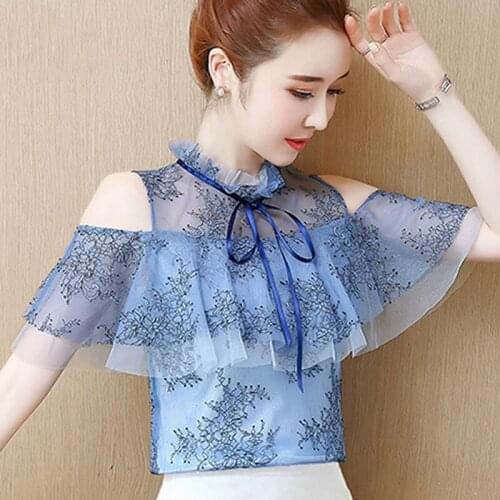 Blusas Mujer Dingaozlz Elegante Bow Tie Lace Tops Nova Malha De Camisa De Renda Moda Ruffles Blusa Impressa