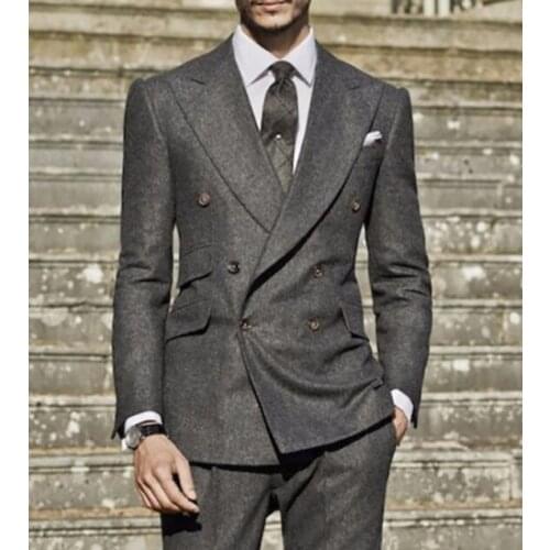 Fashion Custome Homme Grey Men Suits For Dinner Wedding Groom Slim Fit Party Casual Best Man Blazer 2 pieces Suit (Jacket+Pant)