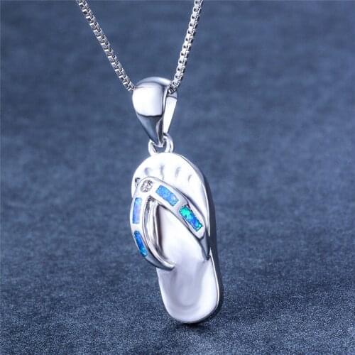 Fashion Female Blue Fire Opal Pendants Necklaces Silver Color Chain Necklace Vintage Wedding Necklaces For Women