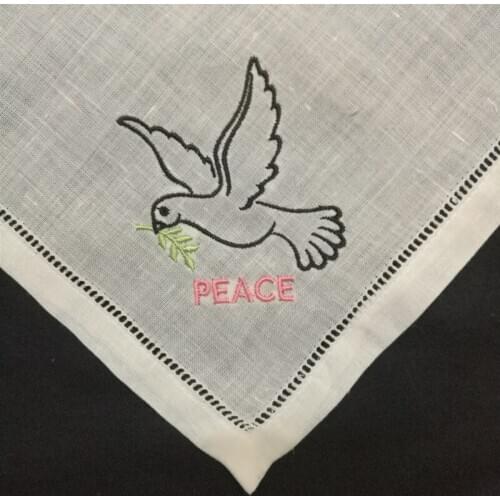 Set of 12 Fashion Gifts Handkerchiefs Embroidered Dove of peace White Hemstitched Ramie Handkerchief For the Gifts of friends
