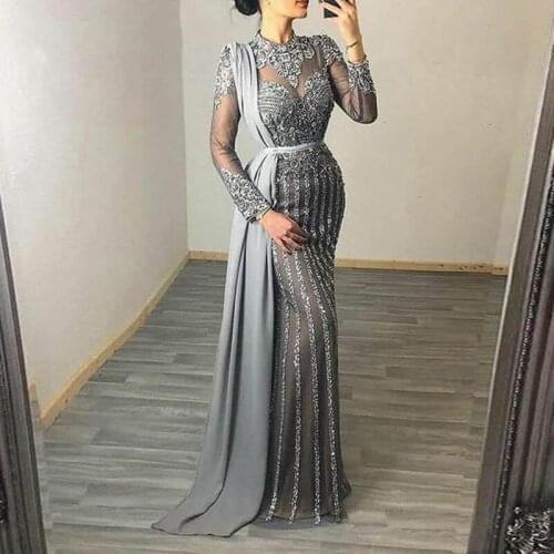 2021 Autumn Winter Fashion Elegant Long Sleeved Full Length Evening Party Dresses Robes De Cocktail Slim Gray See-Through Gowns