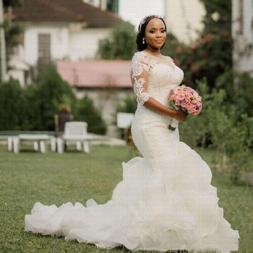 Amazing Ruffles African Mermaid Wedding Dresses 2020 Luxury Beaded Arabic Bridal Gowns