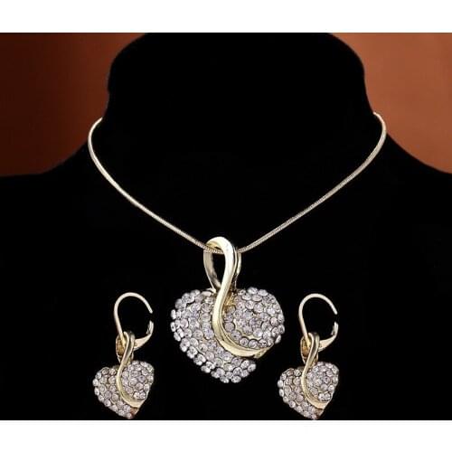 Romantic Crystal Heart Shape Chain Necklace Earrings Sets Luxury Jewelry Wedding Jewelry Valentines Gift For Women