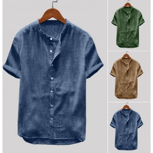 Summer Men Cotton Linen Blouse Casual Solid Color Short Sleeve Cotton Linen Button Down Beach Loose Holiday Shirt Comfortable
