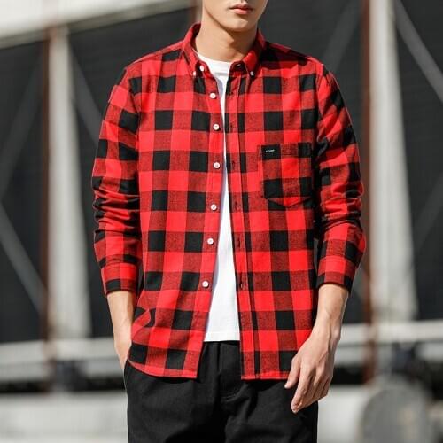 Red Plaid Shirt Men single pocket long sleeve casual shirts male 2020 Spring young streetwear clothing Vintage long shirt coat