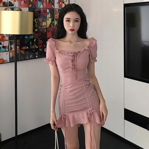 Sexy club vestido de festa fashion Womens Clothing pink chiffon bodycon dress summer style Ladies ruffles mini-dresses new