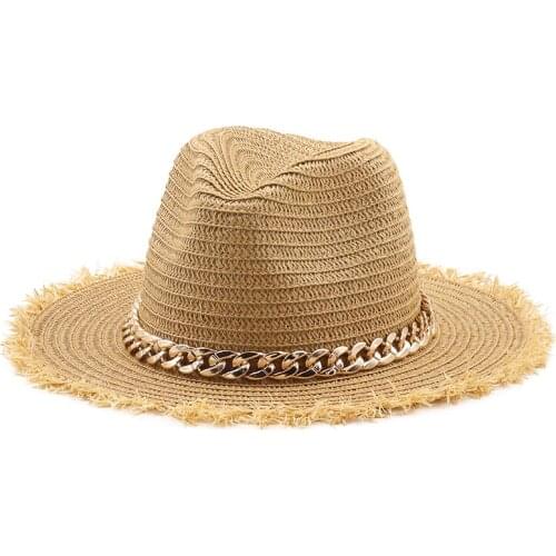 Natural Panama Soft Shaped Straw Hat Summer Women/Men Gold chain Wide Brim Beach Sun Cap UV Protection Fedora Hat girl jazz hat