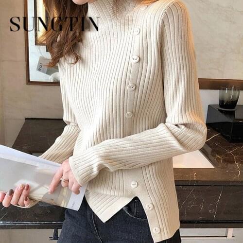Sungtin Korean Chic Turtleneck Sweaters Women Winter Soft Warm Loose Pullover Knitted Sweater Female Button 6 Color Jersey Mujer