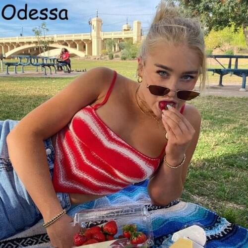 Odessa Summer Brown Heart Stripe Knit Crop Top Corset Sexy Y2K Beach Women Red Sleeveless Holiday Wrap Tank Tube Top 2021 Casual