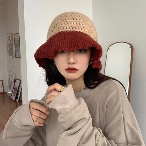 Lady Winter Handmade Color matching Knit Bucket Sun Hat Hollow Out Foldable Fisherman Cap Crochet Outdoor Sun Protection Gorro