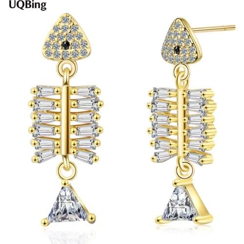Special Design Gold Silver Color Fish Bone CZ Zircon Wedding Stud Earrings For Women Jewelry