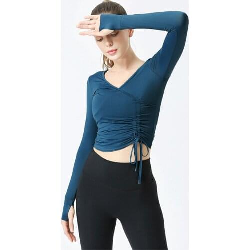 Women Sport Shirt V-Neck Long Sleeve Thumb Hole T-Shirt Girls Gym Fitness Running Shirts Bandage Yoga Tops Elastic Tight Clothes