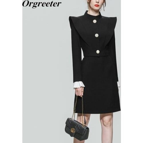 2021 Autumn Elegant Office Lady Black Two piece set Women Chic Shawl Design Pearl Button Crop Top +A-line Knee-length Skirt Suit