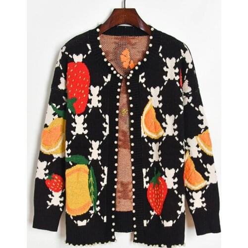 2020 Winter Oversized Cardigan Open Stitch Knitted Cardigan Contrast Color Strawberry Orange Fruit Jacquard Beaded Sweater Coat