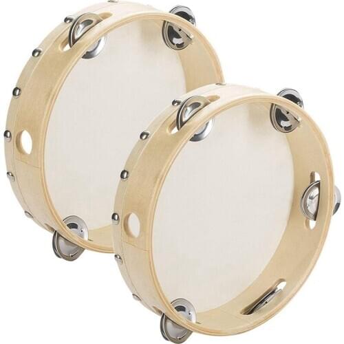 2 Pieces (8 Inch) Wood Handheld Tambourine Single Row, Tambourines with Jingle Bells(Log)
