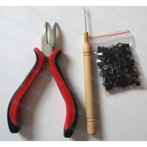 Free Shipping Hair Extensions Tool Kit Pliers(Bend within teeth) Hook Needle+100Pcs Micro Silicone Link Beads