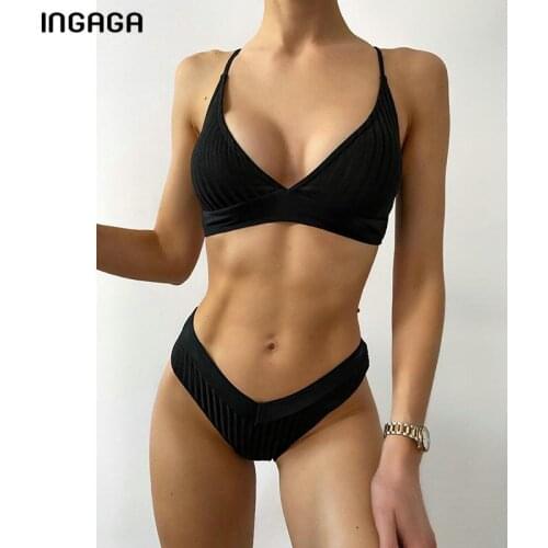 INGAGA Ribbed Bikini Set Deep V Swimwear Women 2021 Solid Black Swimsuits High Cut Bathing Suits Summer Beachwear Sexy Biquini