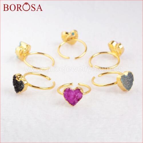BOROSA Natural Rainbow Lovely Tiny Heart Shape Druzy Agates Geode Adjustable Knuckle Rings Smallest Finger Jewelry G0600