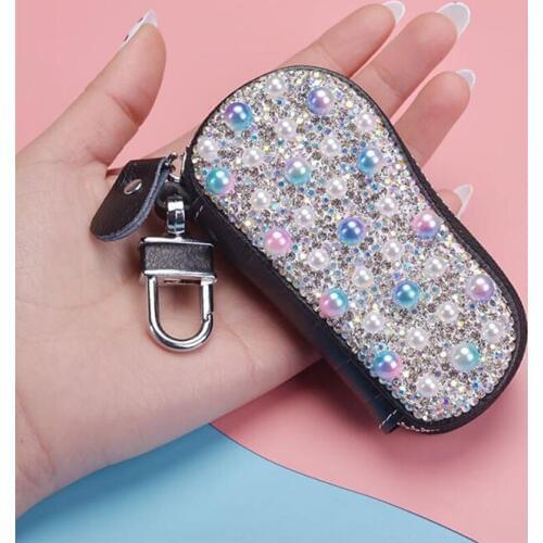 Car key Case Leather High-end Pearl Creative Diamond Key Holder Metal Zipper Keychain Lady Auto Key Cover Accessorie Car key Bag