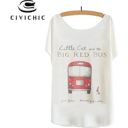 CIVI CHIC Girl Bat Sleeves T Shirt Woman One Size Loose Tops Tees Big Red Bus Printed T-shirts Lovely O Neck Female Tshirt WST89