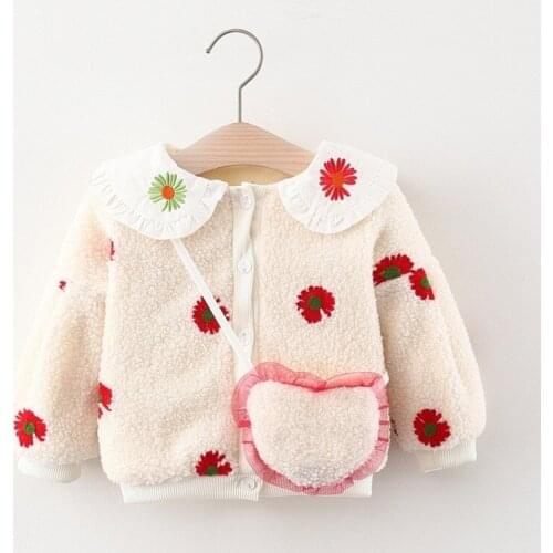 2020 Winter Baby Girls Long Sleeve Flower Lapel Collar Thick Fleece Jackets Kids Outerwear Coats Infant Cardigans + Bag Casaco