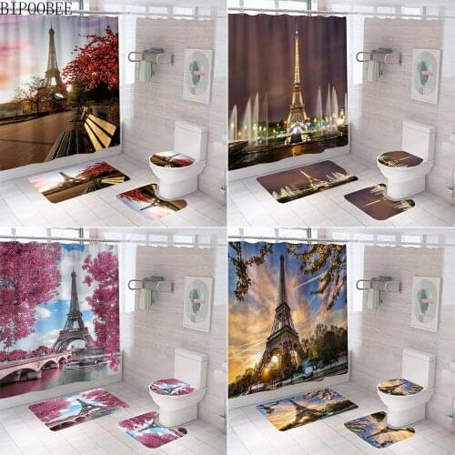 Eiffel Towert Paris Landscape 3D Shower Curtain Bathroom Curtains Washroom Decoration Anti-slip Rugs Toilet Cover Bath Mat