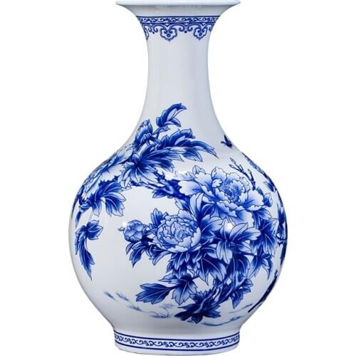 Chinese Style Jingdezhen Blue and White Porcelain Vases Fine Bone China Vase Peony Decorated High Quality Ceramic Vase
