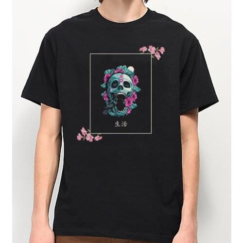 Floral Skull Print Goth Grunge Aesthetic Streetwear T Shirt Men Short Sleeve Punk Gothic T-shirt Cotton Graphic Tees Clothing
