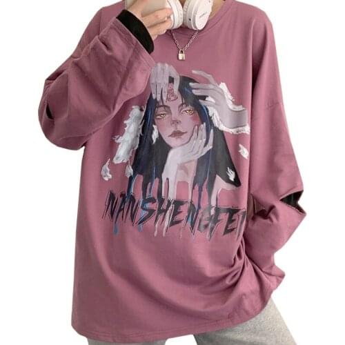Casual Japanese Manga Style Beautiful Girl Women T Shirt Fake Two Hole Long Sleeve Loose Mid-length Bean Paste Color Tees Tops