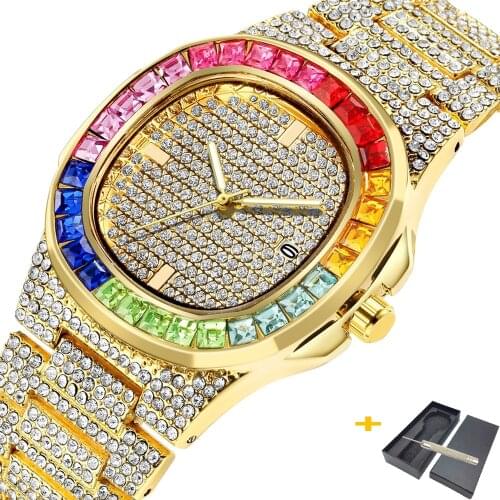 Iced Out 18K Gold Watch For Men Luxury Diamond Watches Man Hip Hop Mens Quartz Wristwatch Hip Hop Male Clock Waterproof XFCS