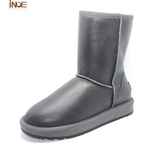 INOE Waterproof Real Sheepskin Leather Wool Fur Lined Women Mid-calf Winter Boots Snow Boots Woman Winter Shoes Grey