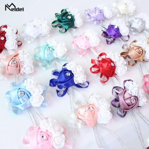 Meldel Bride Wrist Corsage Wedding Simple Rose Bridesmaid Rose Rhinestone Wrist Flower Party Prom Corsages Blue Wedding Supplies