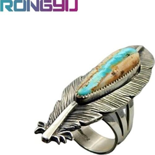 Modyle 2021 Ancient silver Color Metal Rings For Women Vintage Inlay Big Turquoise Feather Ring Retro Jewelry For Lover Gift