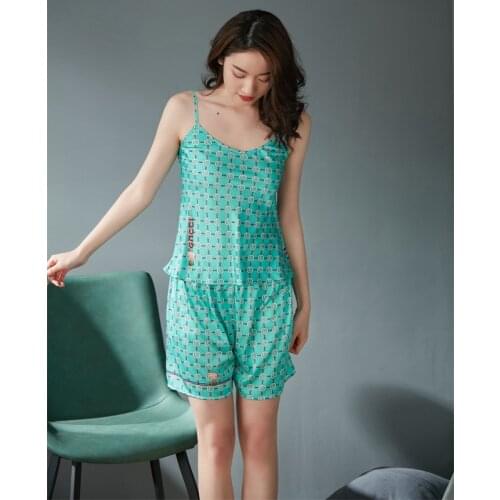 Sexy Lingerie Women Pajama Summer Satin Silk Lace Sleepwear V-Neck Backless Sexy Geometry Print Nightwear Shorts Homewear