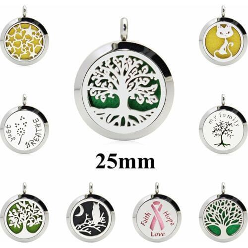 Tree of life 1pc 25mm 316L Stainless Steel Aroma Essential Oil Diffuser Just Breathe Perfume Locket Pendant fit necklace