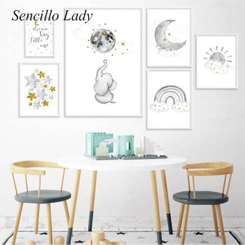 Grey Golden Elephant Canvas Painting Moon Rainbow Nursery Art Child Poster Print Nordic Kids Baby Bedroom Decoration Picture