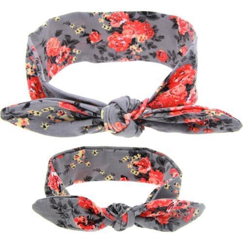 Mother & Girls BowKnot Floral Kids Print Flowers Headwrap Turban Rabbit Ears Headband Adjustable Hair Band Accessories 2Pcs/Set