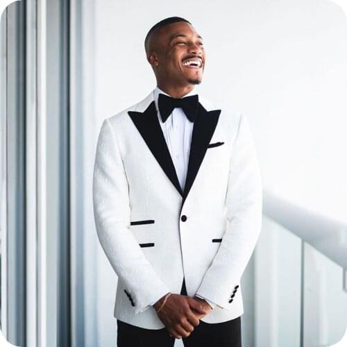 One Button Groomsmen White Pattern and Black Groom Tuxedos Shawl Velvet Lapel Men Suits Wedding Best Man( Jacket+Pants+Tie ) D76