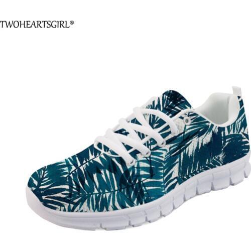 Twoheartsgirl Trend Fashion Leaf Pattern Flats Casual Women Sneakers Breathable Personalized Ladies Mesh Walking Shoes Plus
