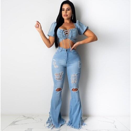 Tassel Flared Long Jean Women Pants Sexy Hollow Out Trousers with Holes Slim Skinny Jeans Summer Outfit 2020 Streetwear Clubwear
