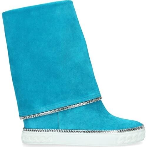 Ladies Peacock Blue Red Suede Boots Height Increasing Chain Edge Mid-calf Boots Women Slip On Collar Down Fashion Boots