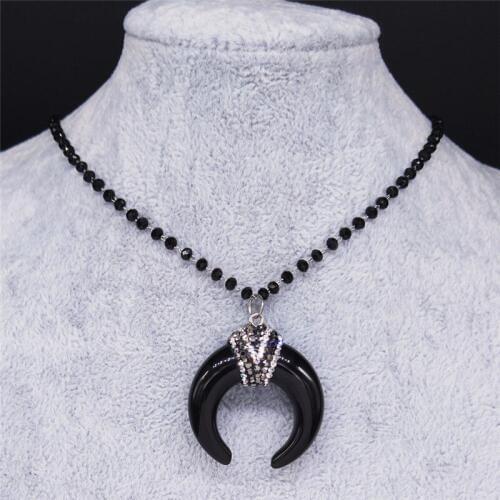 AFAWA 2021 Horns Natural Stone Stainless Steel Bohemian Necklace for Women Black Color Necklaces Jewelry Gargantilla NB22S04