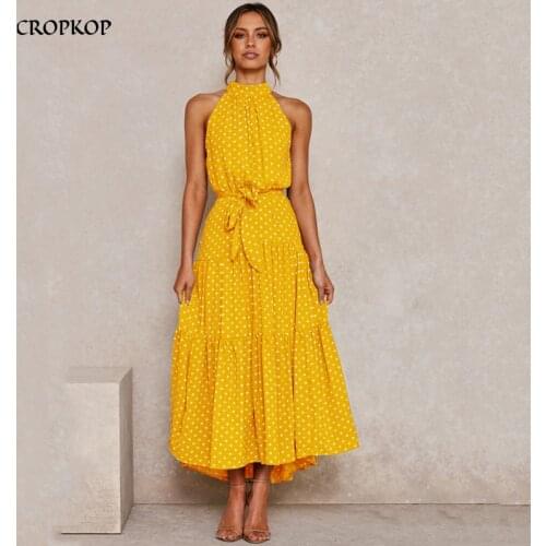 Summer Long Dress Polka Dot Casual Dresses Black Sexy Halter Strapless New 2021 Yellow Sundress Vacation Clothes For Women