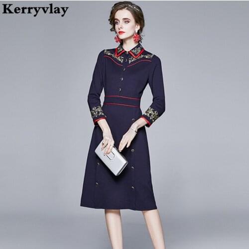Autumn Gold Thread Embroidered Midi Retro Dress Vestido Invierno Mujer 2021 Autumn Long Sleeve Single-Breasted Women Dress K6671