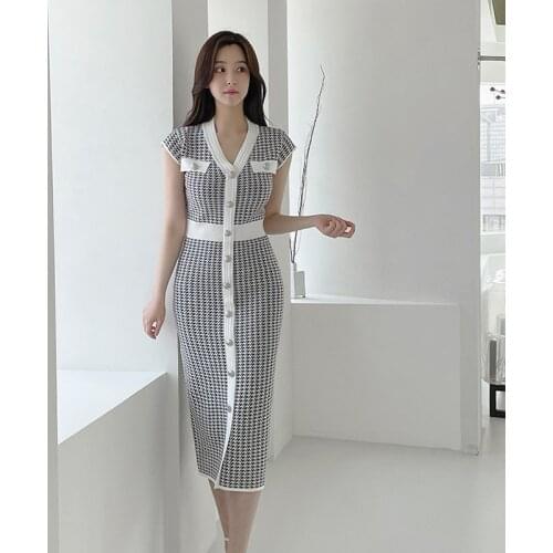 2021 Summer Plaid Women Knitted Dress Vintage High Waist Button Single-Breasted Slim Casual Dress For Female New