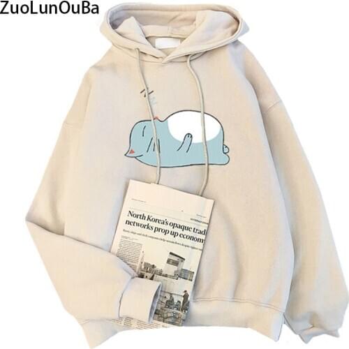 ZuoLunOuBa Winter Casual Women Keep Warm Hoody Long Sleeve Sweatshirt Cartoon Cute Sleeping Kitten Pullover S-XL Coat Female