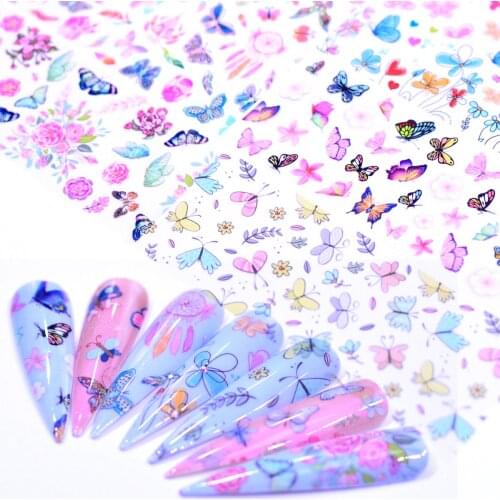 WUF 10PCS Butterfly Nail Foils Set Colorful Flowers Transfer Sticker Sliders Decal Adhesive Manicure Nail art Decoration Wrap