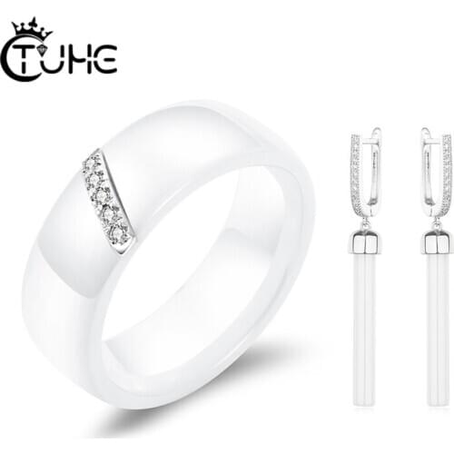 2020 Trend Women Jewlery Set 8mm Ceramic Ring With Drop Earrings Top Quality Classic Black White Women Wedding Jewelry