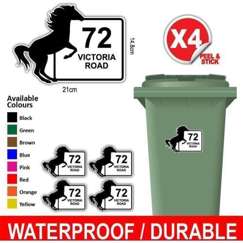 4X Personalised Printed Wheelie Bin Number Stickers House Number And Street Name FF Curved Rectangle Style Multiple Colors